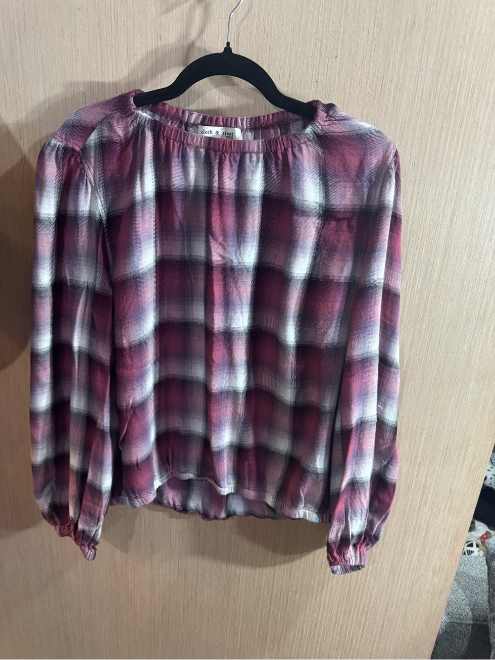 Anthropologie Cloth & Stone Plaid Long-Sleeve Peasant Blouse in Pink and White